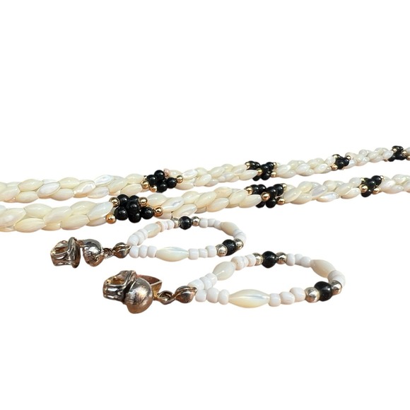 Vintage Rice Pearl Necklace Mother of Pearl Onyx Black Twisted Clip Earrings Set - Picture 7 of 9